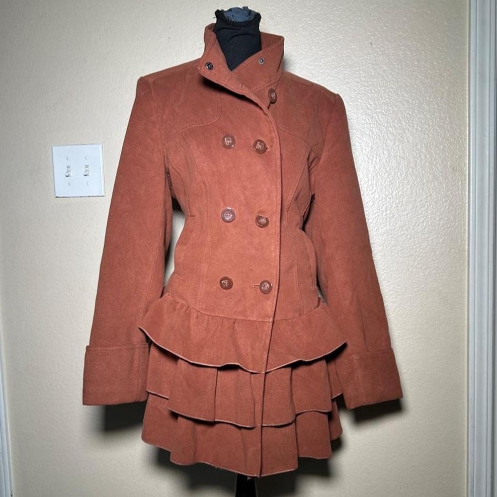 Xhilaration Brown Ruffle Peplum Coat Jacket Y2K Double Breasted XXL Vintage